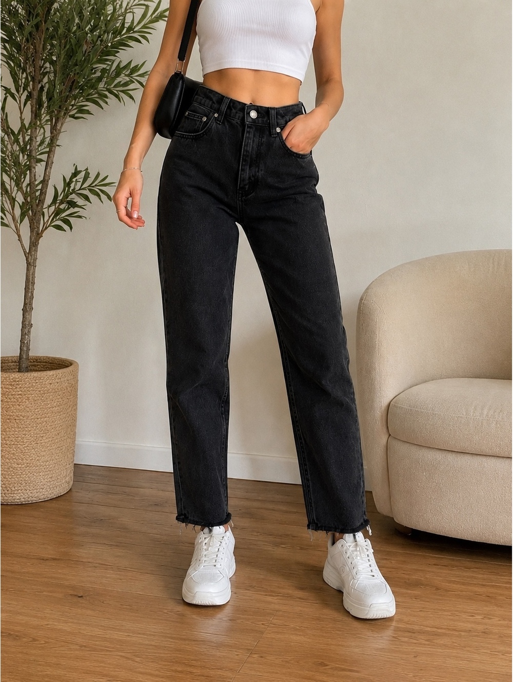 Princess Polly Black Wash High Rise Straight Leg Jeans Raw Hem Size 6